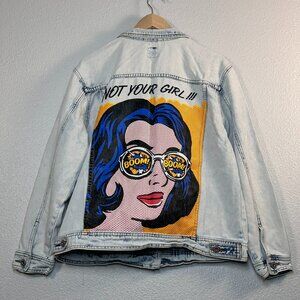 Boom Boom Jeans Denim Acid Wash Jacket w/ 'Not Your Girl' Graphic Distressed - L